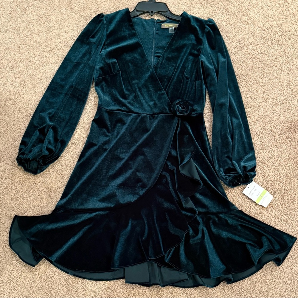 Melonie T Womens 4 Deep Green Velvet Dress Faux Wrap Rose Bud Accent Back Zipper